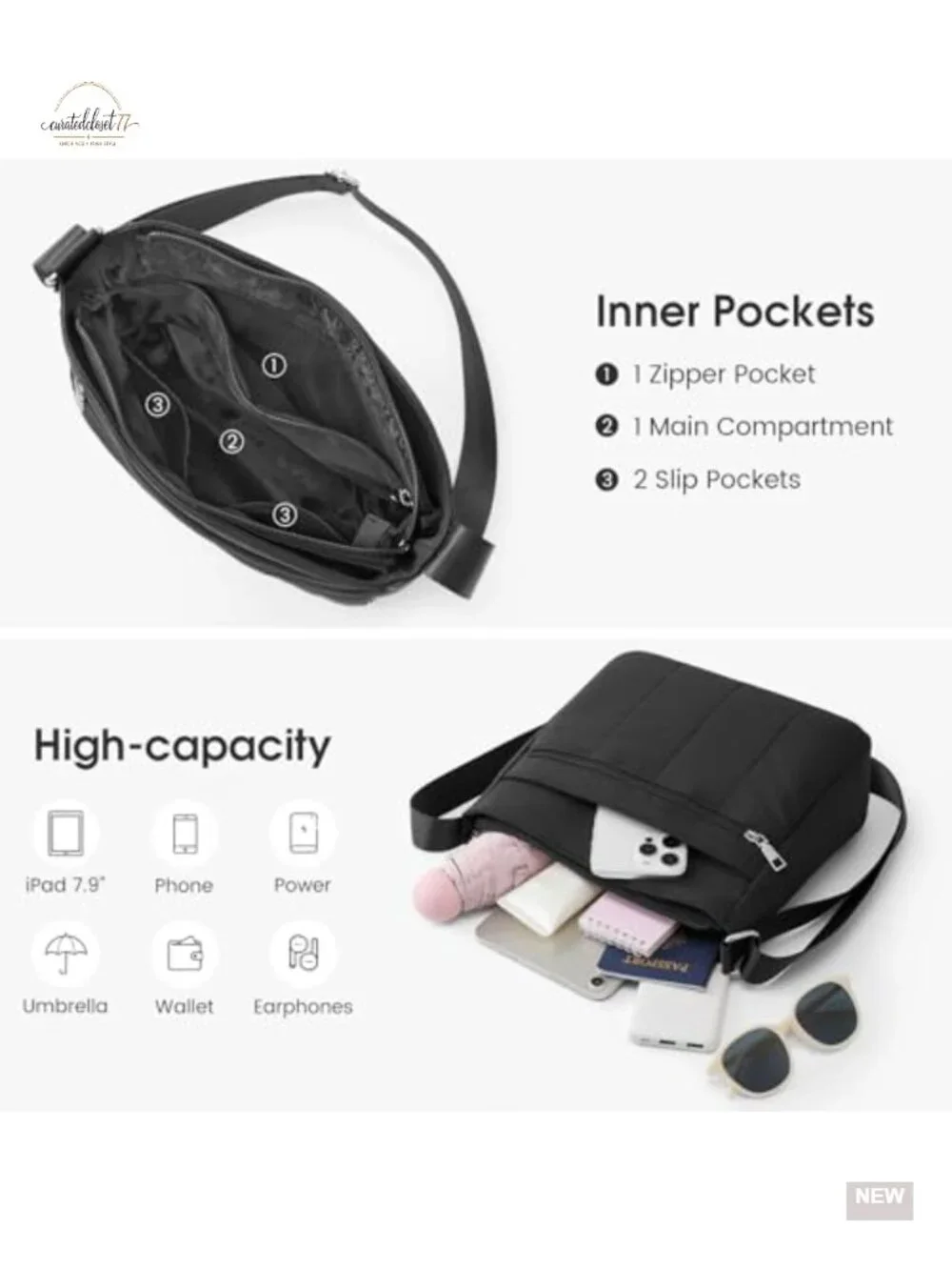 Medium Lightweight Nylon Crossbody Bag with Quilted Design - Adjustable Strap